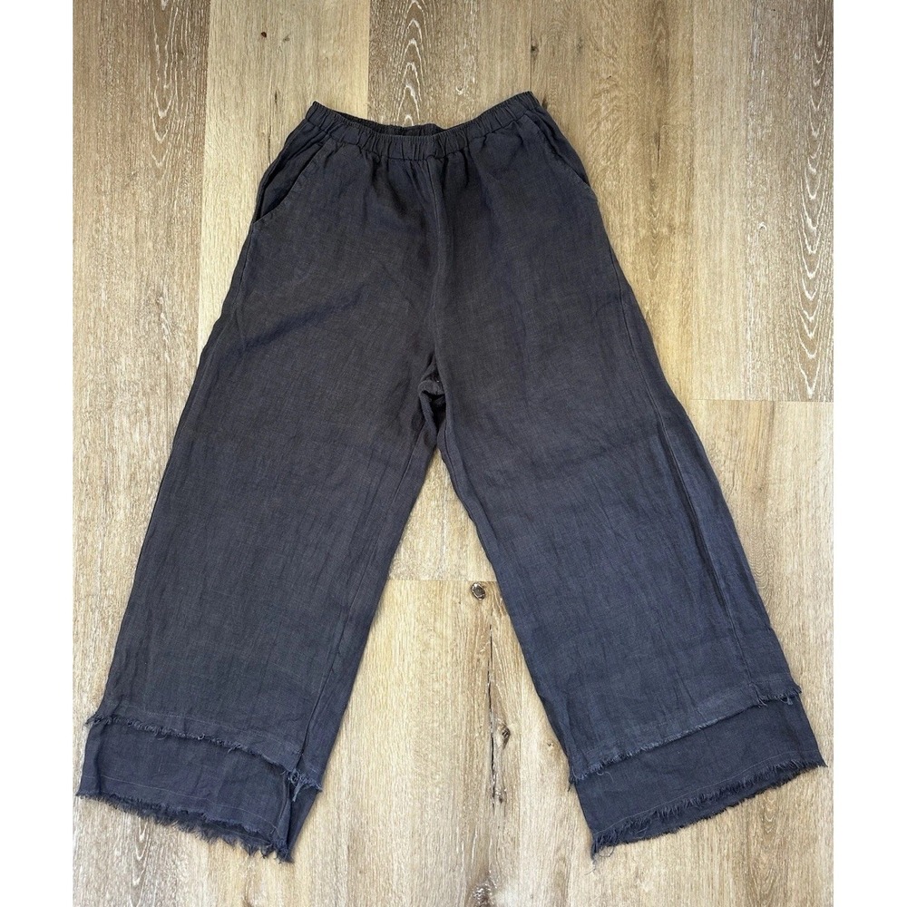 Match Point Pants Ankle Gray Wide Leg Linen Pull On Lagenlook Beach Boho Medium
